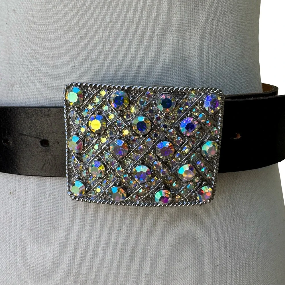 Morgan Vintage Y2K Glam Black Leather Belt Aurora Borealis Rhinestone Buckle S